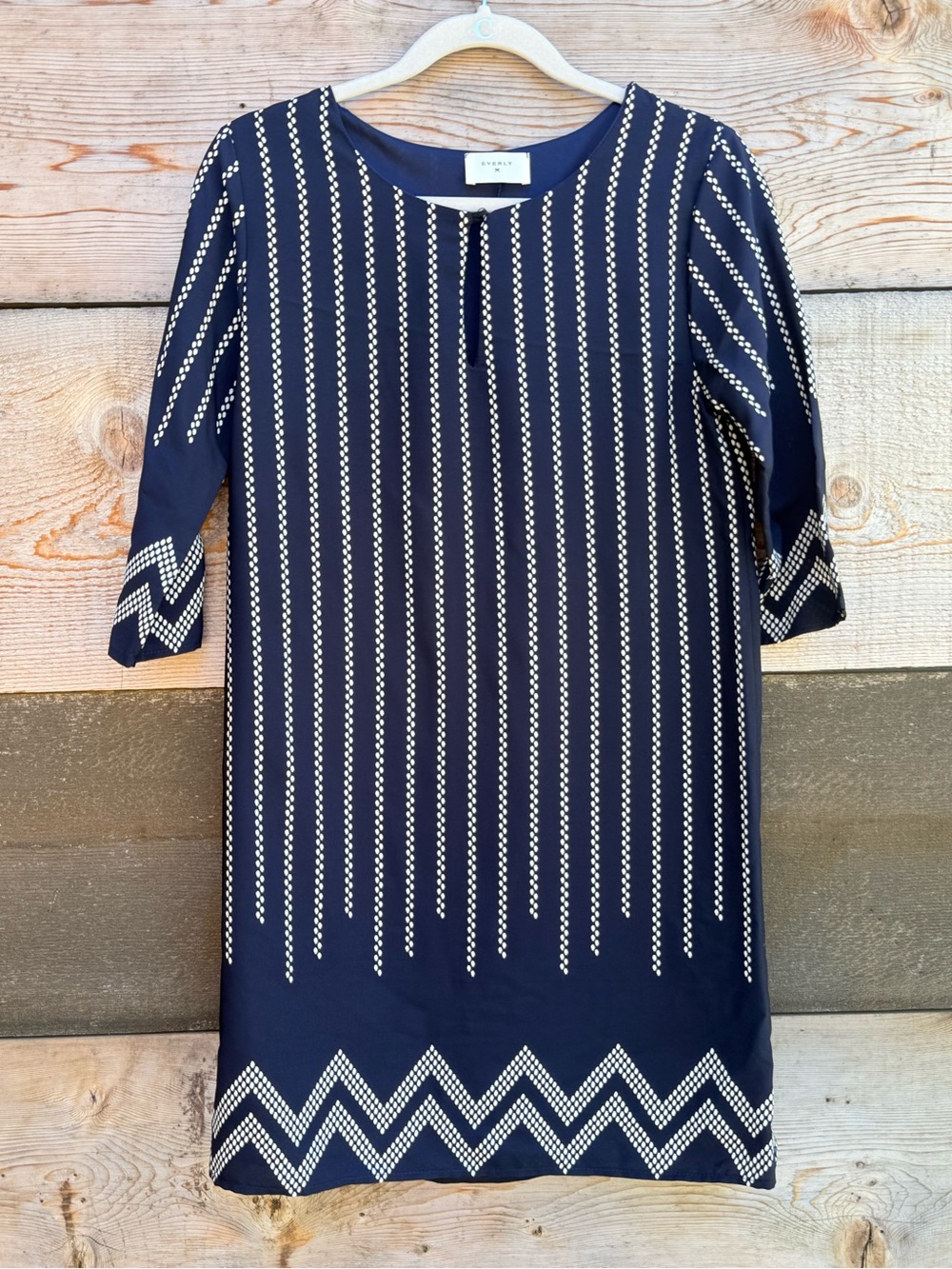 NWOT Everly Navy Blue Dress with White Geometric Stripes